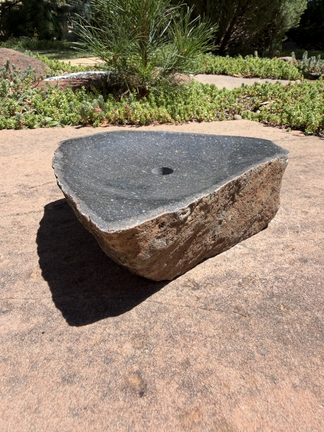Hand-Polished Stone Bird Bath - Smooth River Rock for a Bubbling Fountain (7" wide)