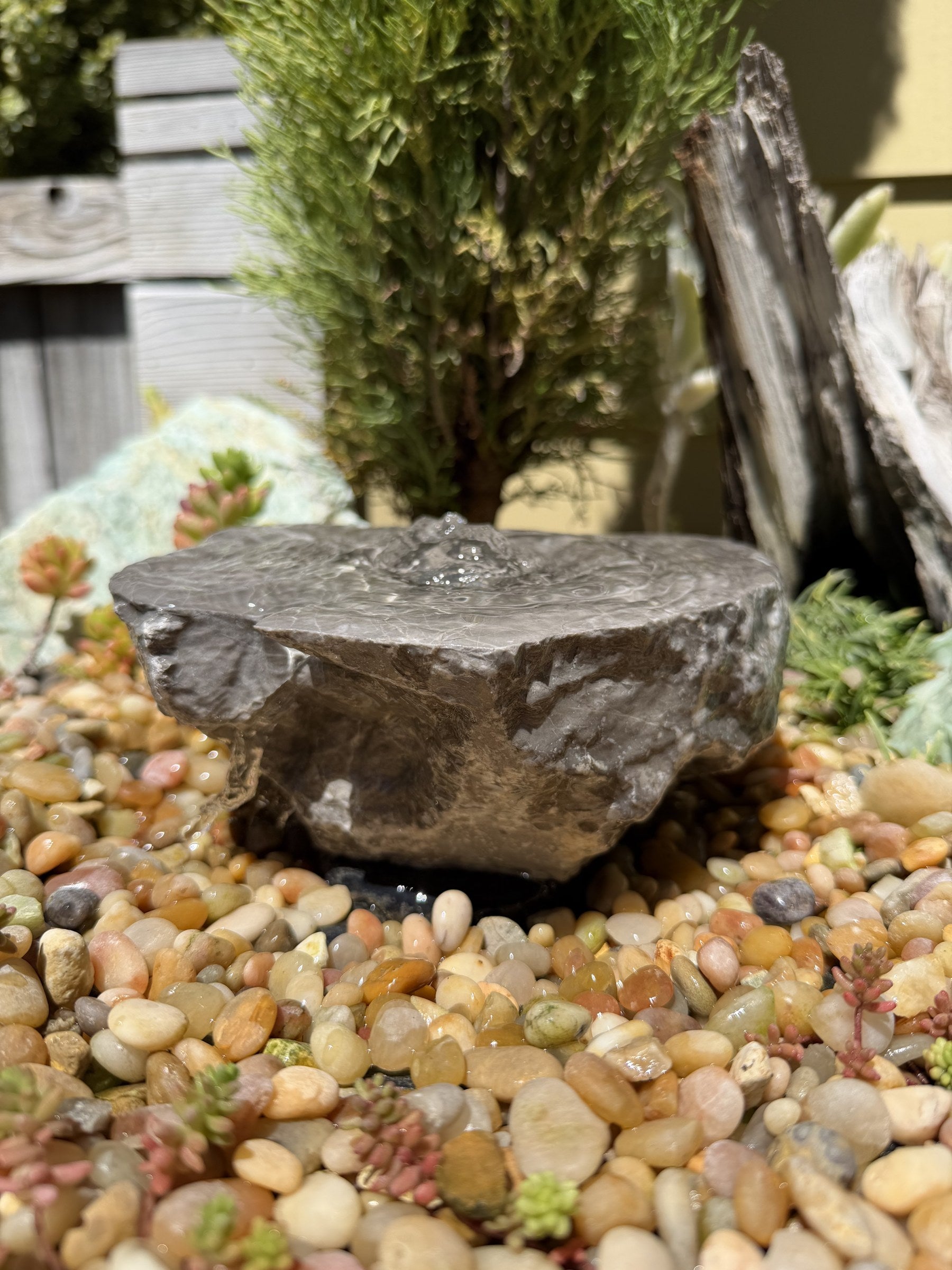 Hand-Polished River Stone Bird Bath - Smooth Polished Rock for a Bubbling Fountain (7"x6"x3")