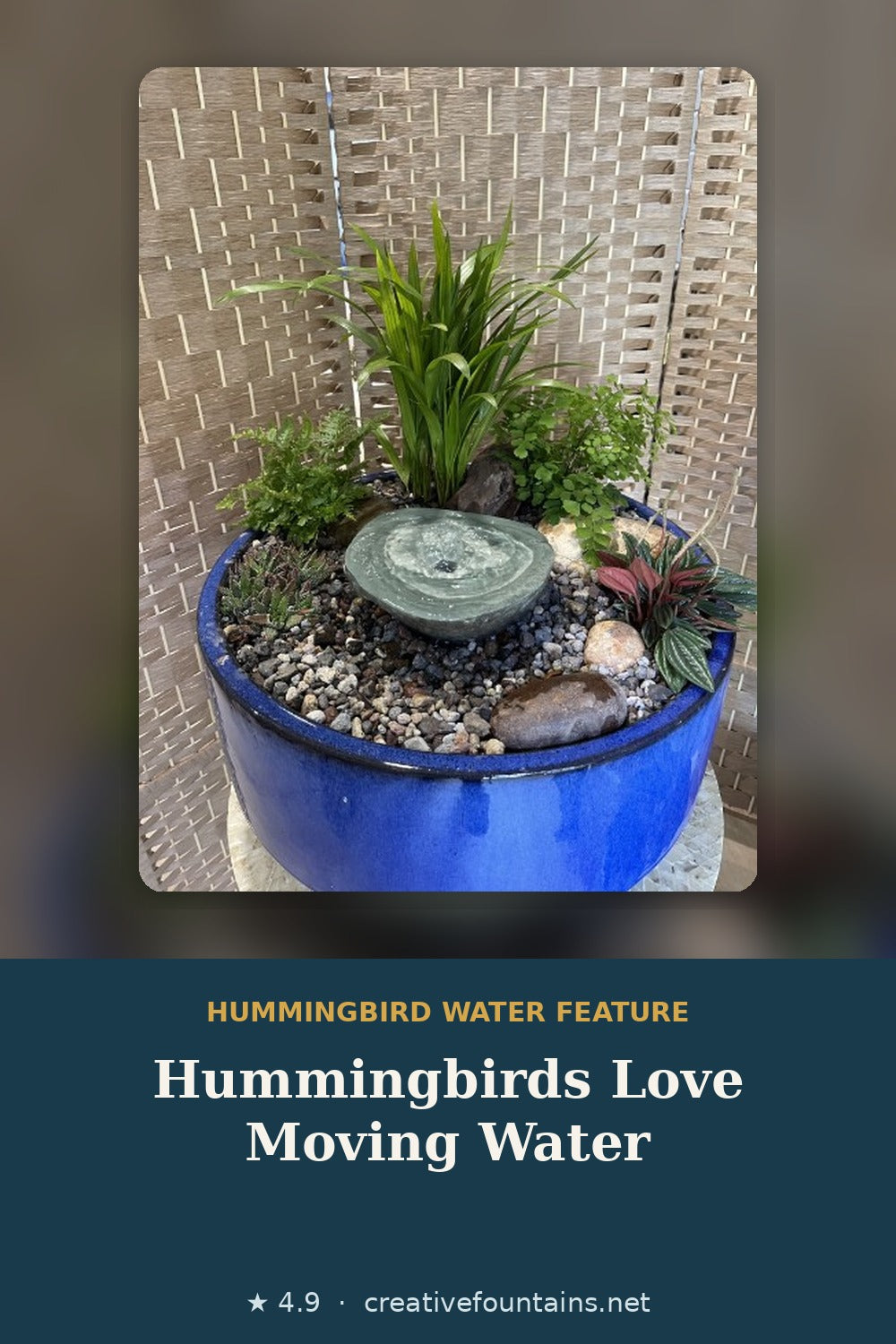 Rock fountain in a blue patio planter that attracts hummingbirds, Creative WaterWorks