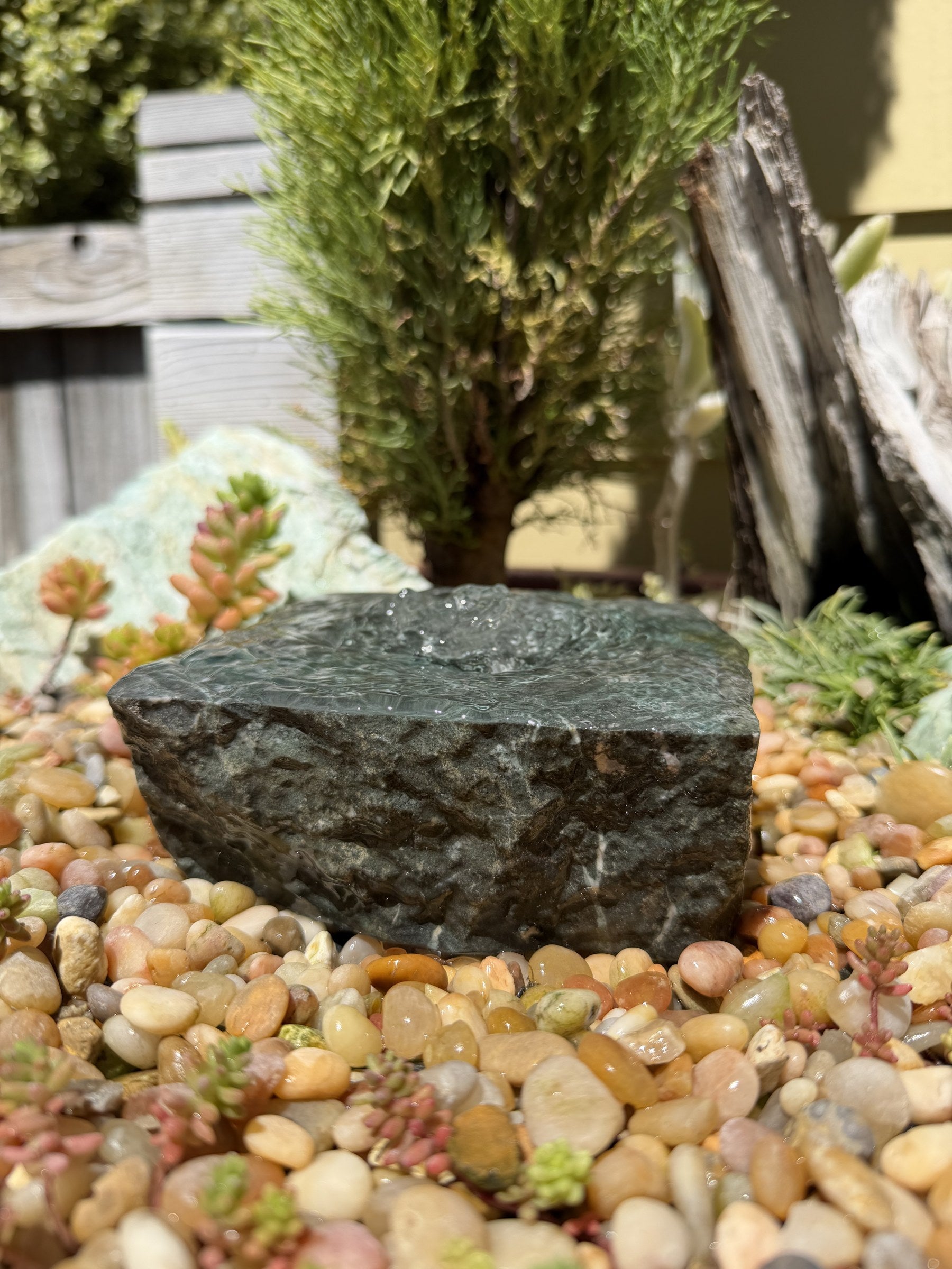 Hand-Polished Stone Bird Bath - Smooth River Rock for a Bubbling Fountain (6"x6"x2-1/2")