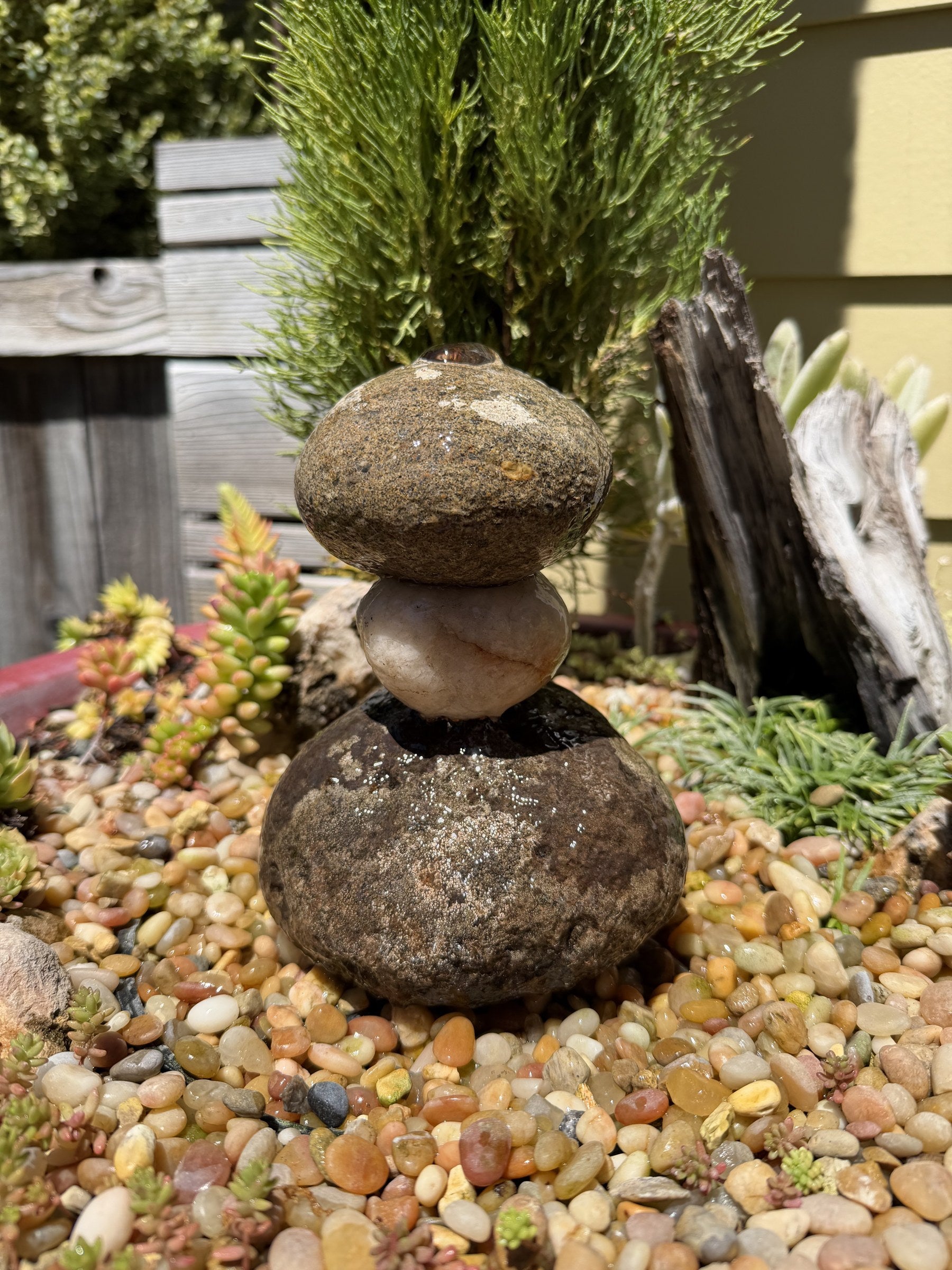Stacked Rock Fountain - Natural Stone Rock Stack Water Feature for Garden &amp; Patio (6" wide, 7" tall)