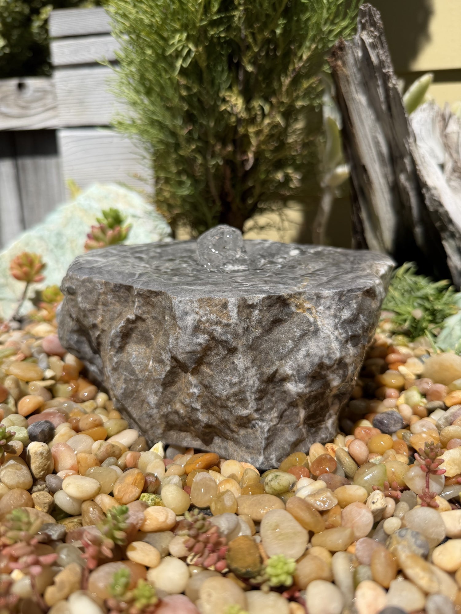 Hand-Polished Stone Bird Bath - Smooth River Rock for a Bubbling Fountain (7"x6"x3")
