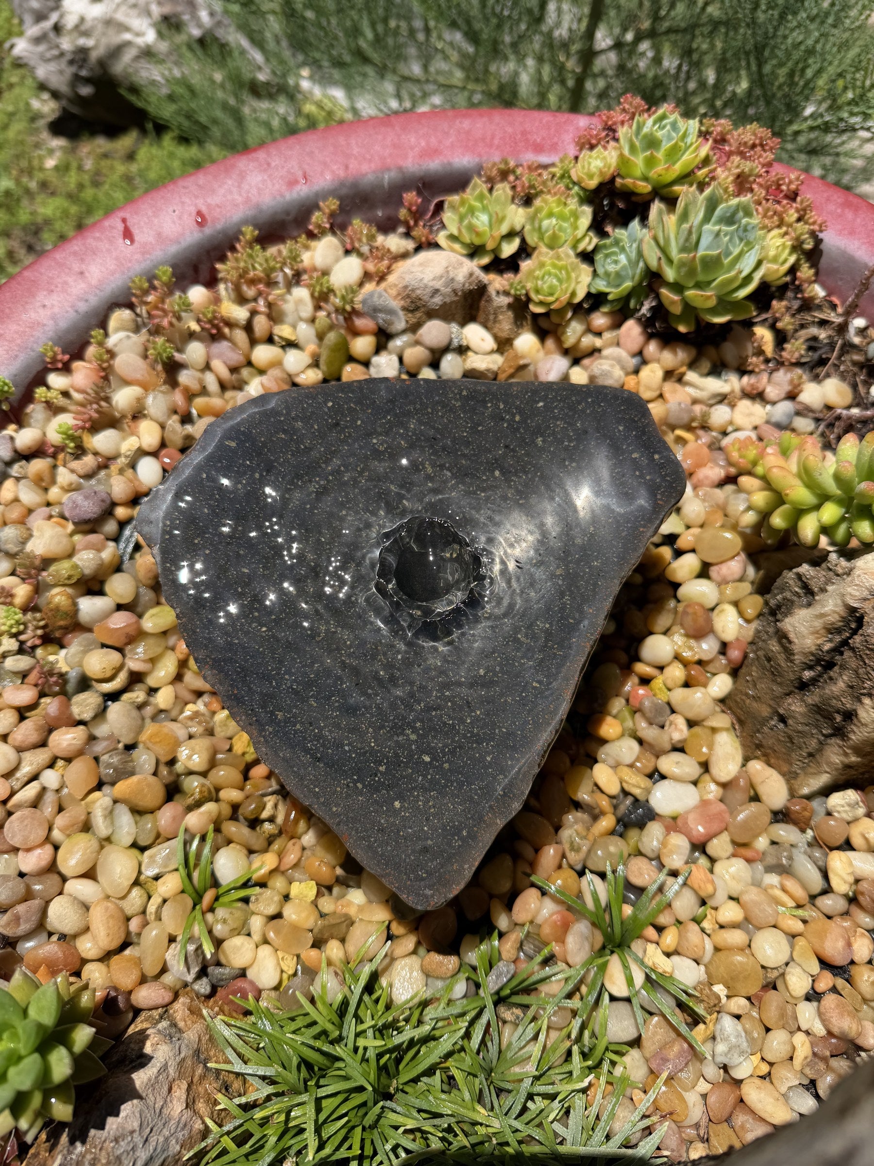 Hand-Polished Stone Bird Bath - Smooth River Rock for a Bubbling Fountain (7" wide)