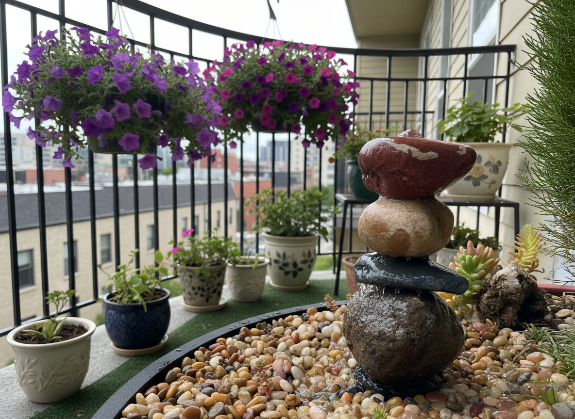Stacked stone water fountain on a balcony
