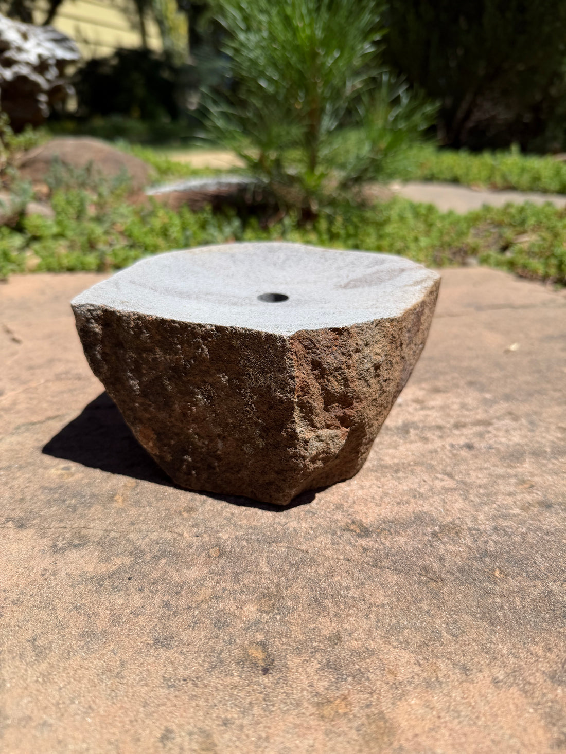 Drilled rock bird bath fountain stone for hummingbirds, Creative WaterWorks